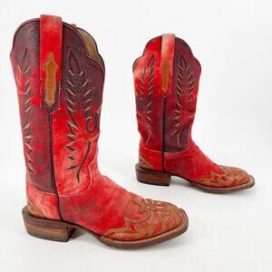 Lucchese Red Suede Hand Tooled Filigree Wingtip Square Toe Western Boot size 7.5